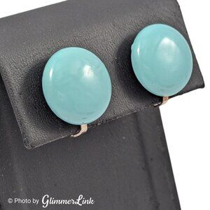 Vintage Hong Kong Blue Dome Clip On Earrings – Round Silver Tone 1960s